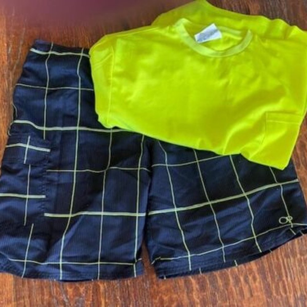 OP XL Men BLACK Neon YELLOW Plaid TRUNKS + YELLOW Tee SET~pool to lunch to golf